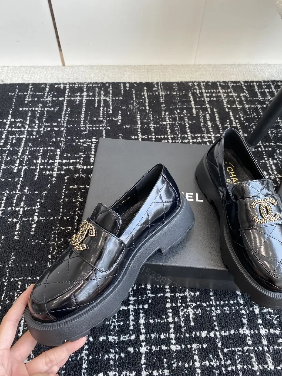 View 3 of Quilted Velvet Loafers: Gold Logo, Black Patent, Luxe Style
