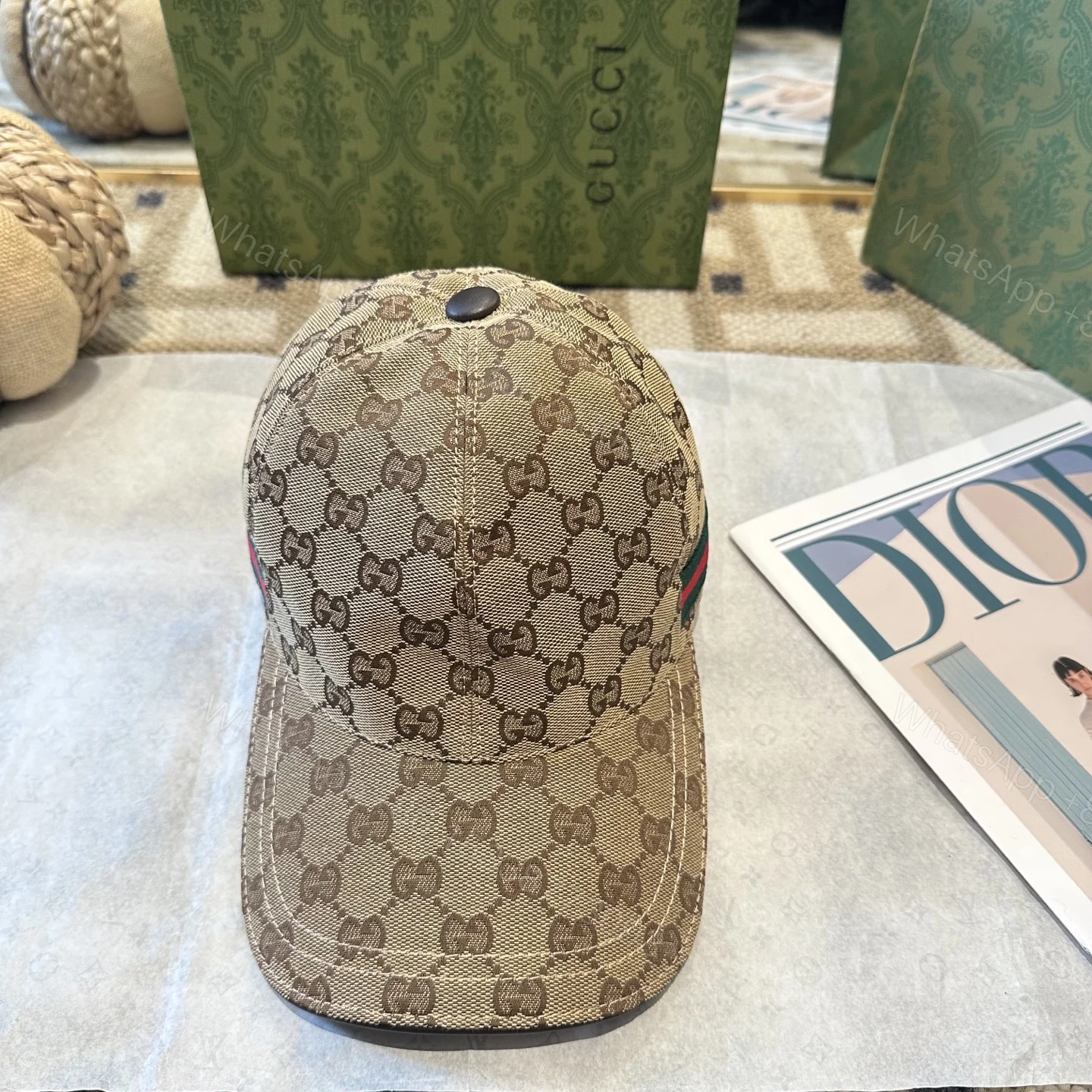 Gucci精品仿製 GG全老花棒球帽 雙側綠紅織帶點綴款 — view 1
