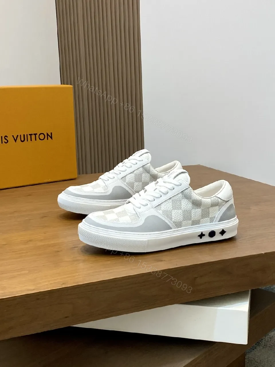 View 8 of White Checkerboard Leather High-Tops with Subtle LV-Style Accents