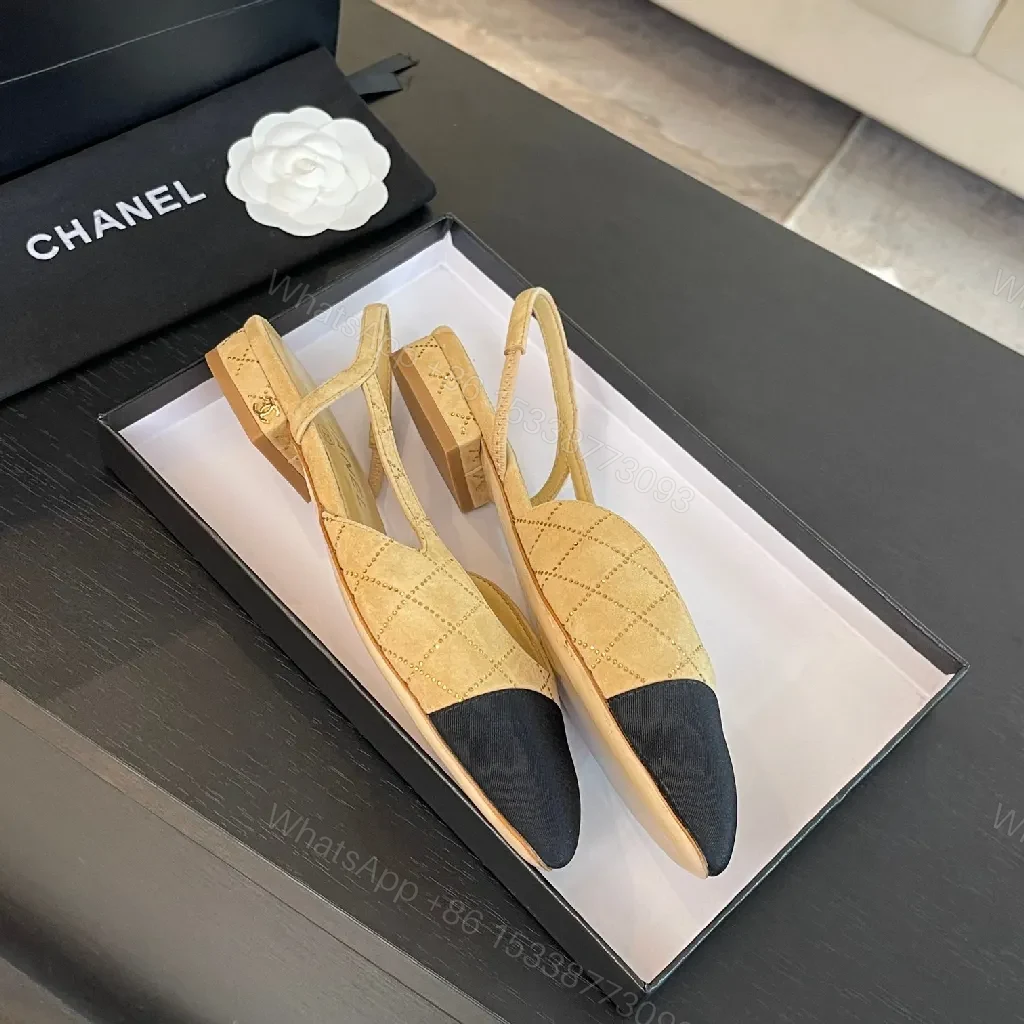 View 8 of Quilted Slingback Pumps: Tan & Navy Cap Toe, Heeled Comfort