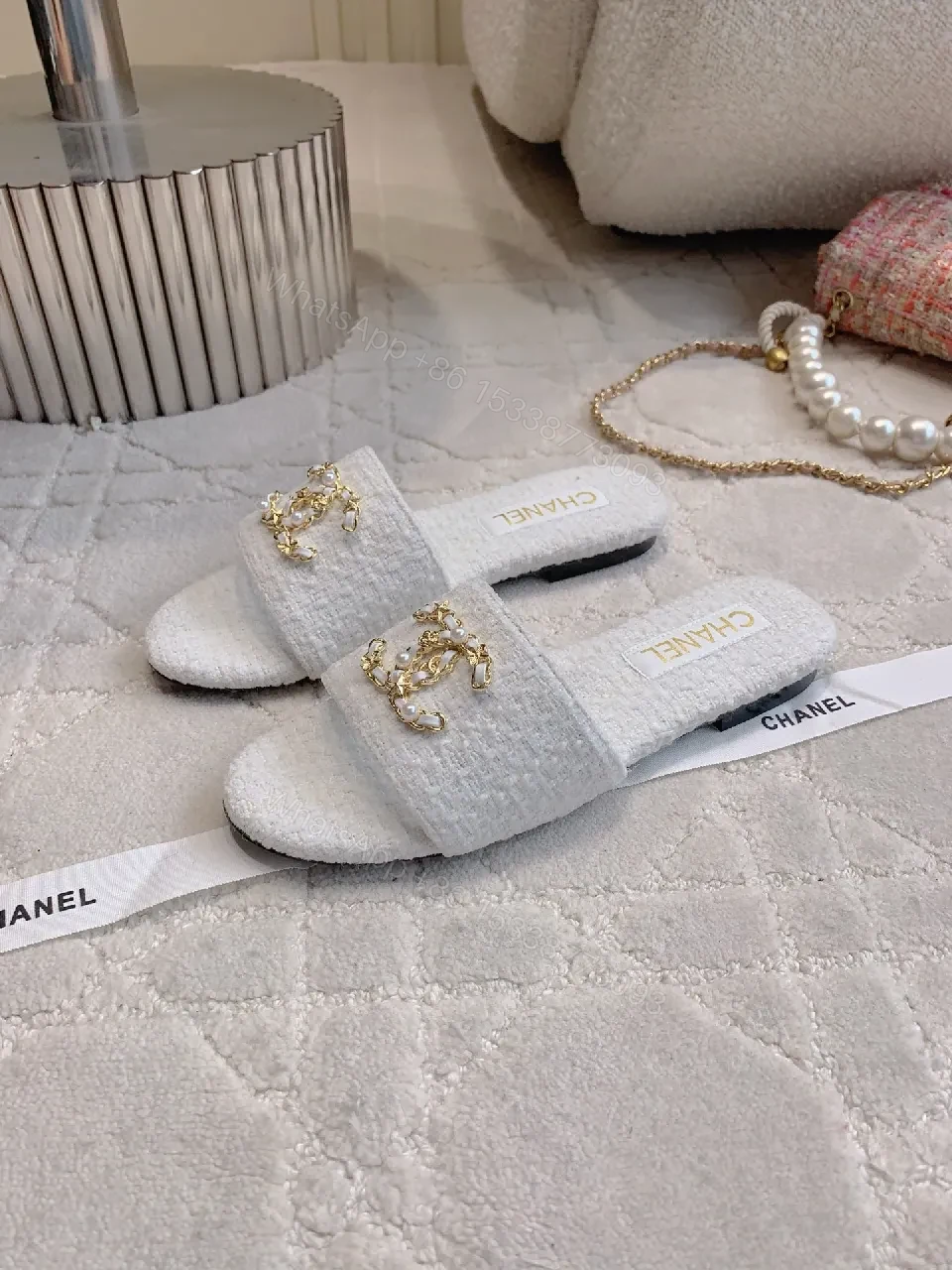 View 3 of Chanel-Inspired Textured Slider with Gold Chain Crest