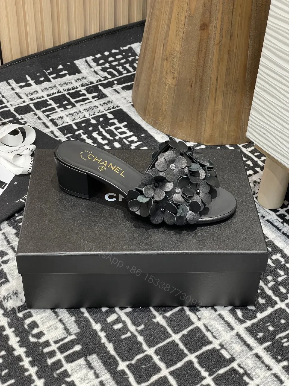 View 8 of Floral-Embellished Black Block-Heel Sandals