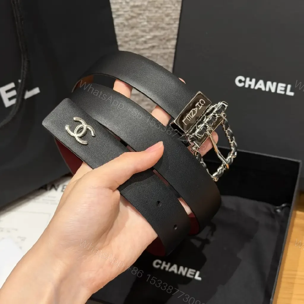 View 4 of Black Leather Belt - Silver Buckle, Chain-Link, Chanel-Style Logo