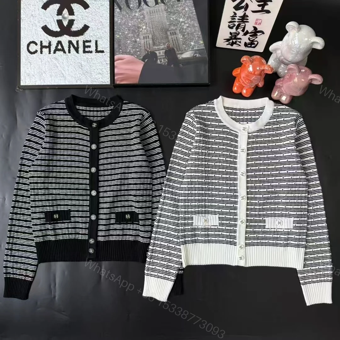 CHANEL高仿條紋針織開襟外套 女士雙口袋金扣短版設計 — view 1