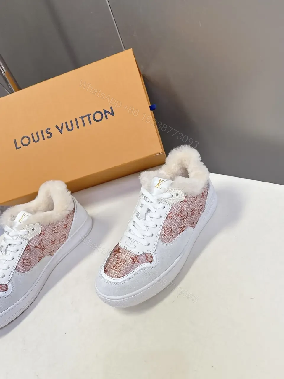 View 3 of White Leather + Shearling Mid-Top Sneakers + Luxe Monogram + All-Day Warmth + Sneakers