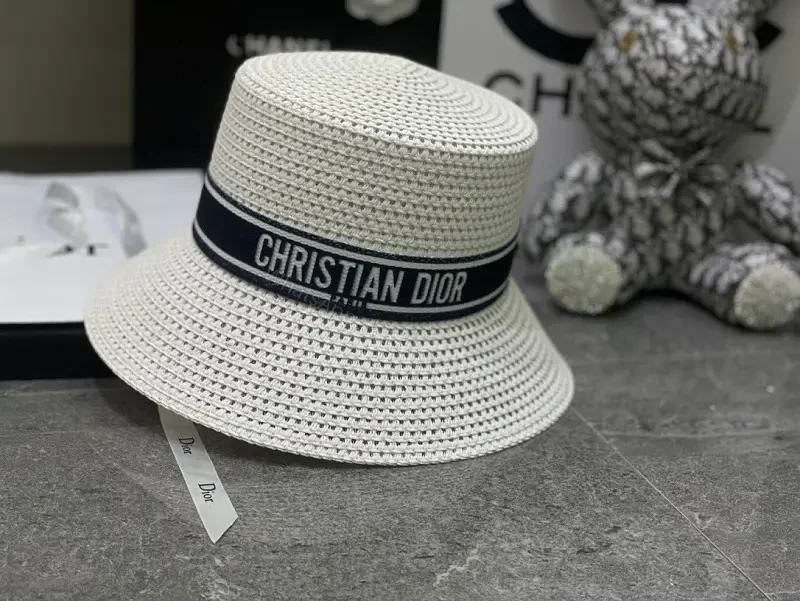 Light Beige Straw Bucket Hat with Navy Band — view 1