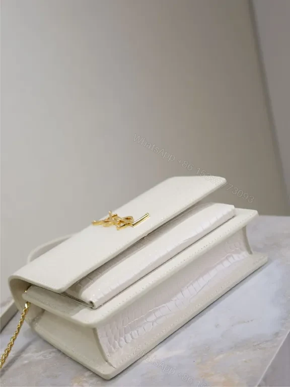 View 7 of Croc-Embossed Mini Bag with Gold YSL Logo, White