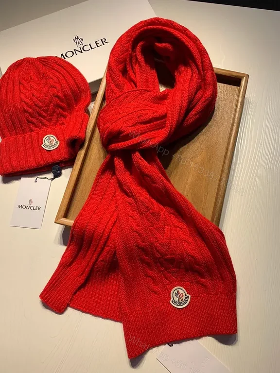 View 2 of Bold Red Knit Set: Moncler Wool Beanie & Scarf Set