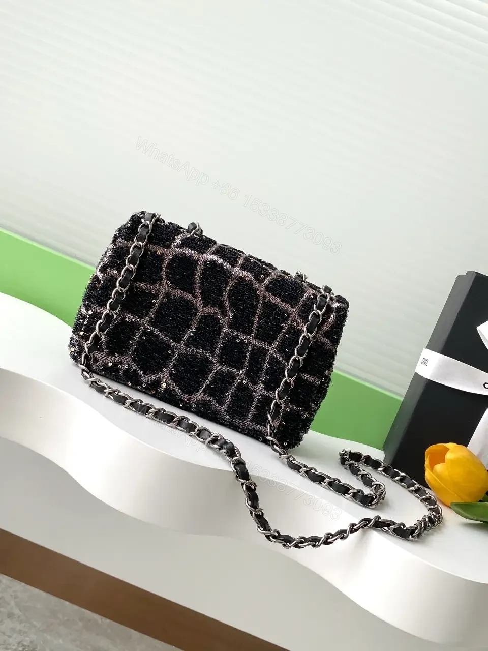 View 3 of Black Tweed Quilted Flap Bag with Silver Chain Strap
