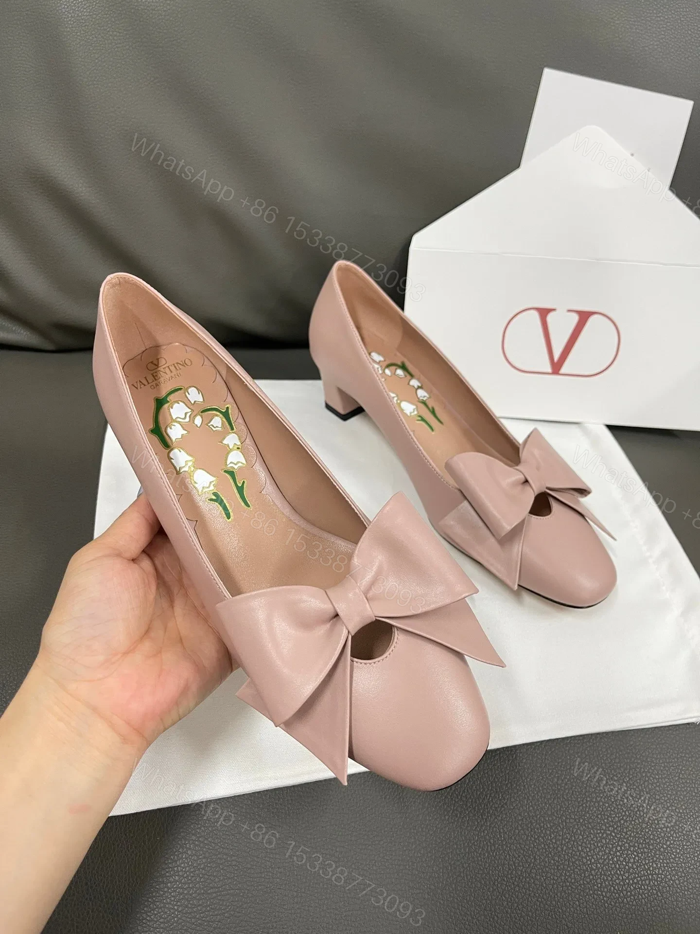 View 5 of Valentino Women Pink Leather Bow Detail Flats