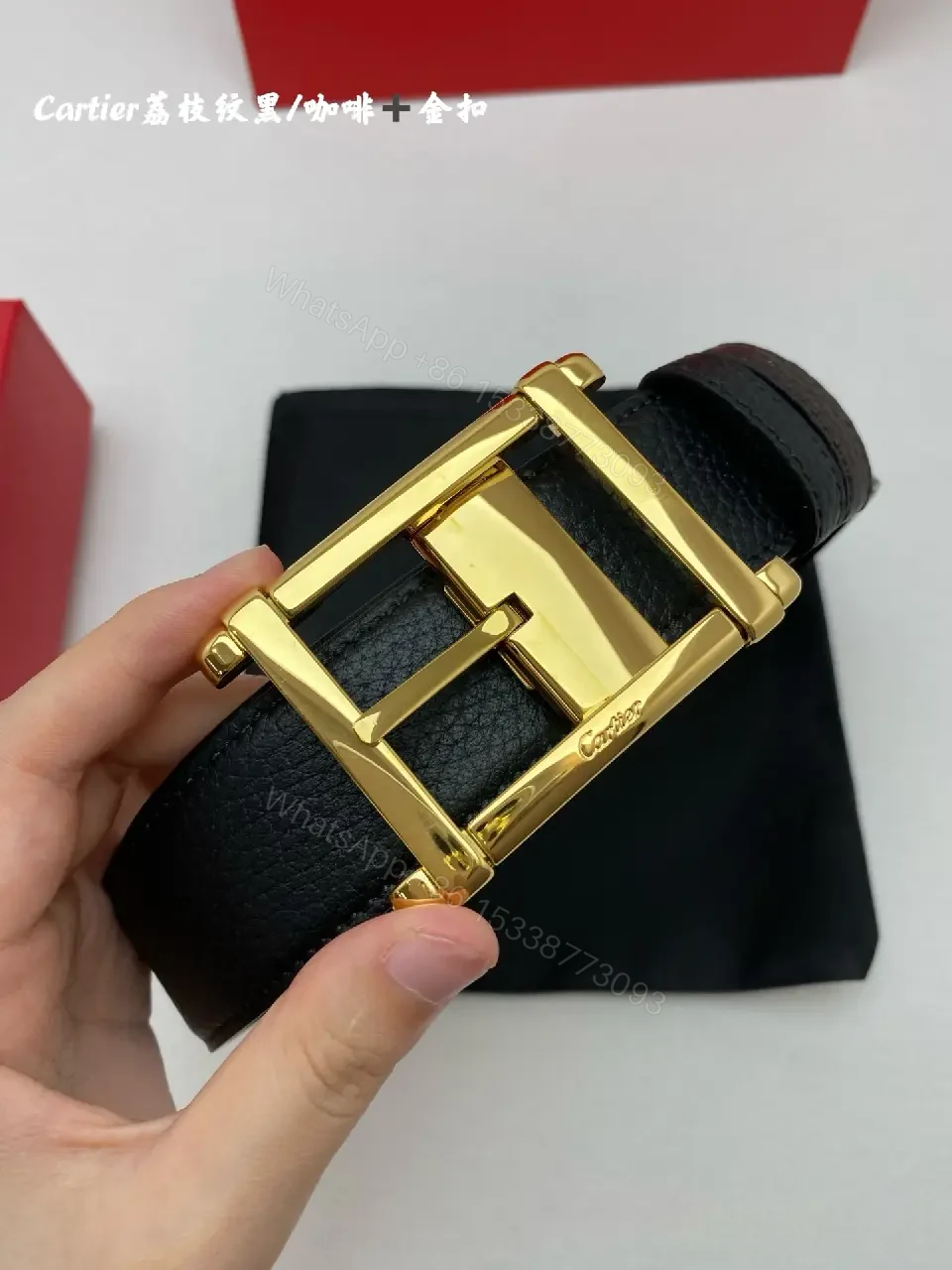 View 5 of Black Leather Belt - Gold H-Frame Buckle, Cartier-Style