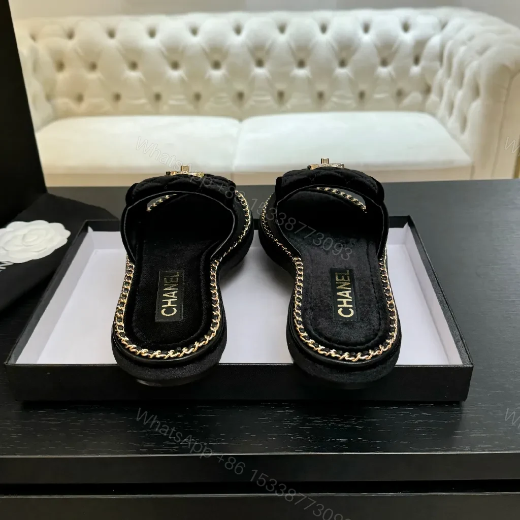 View 5 of Velvet Black Slide-Ons with Chain Trim, Luxe Casual Comfort