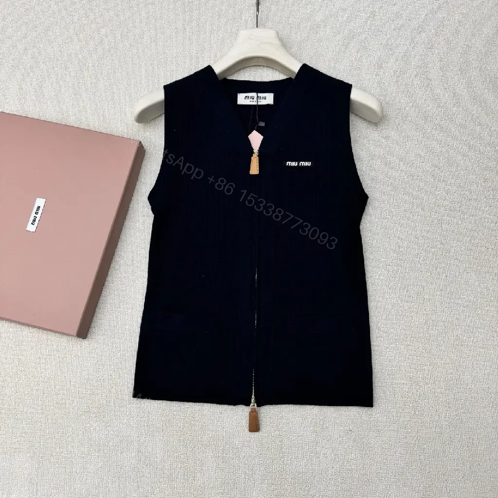 View 10 of Black Velvet Zip Vest with Logo, Miu Miu Style, Simulated Leather Zip Pulls, Vest