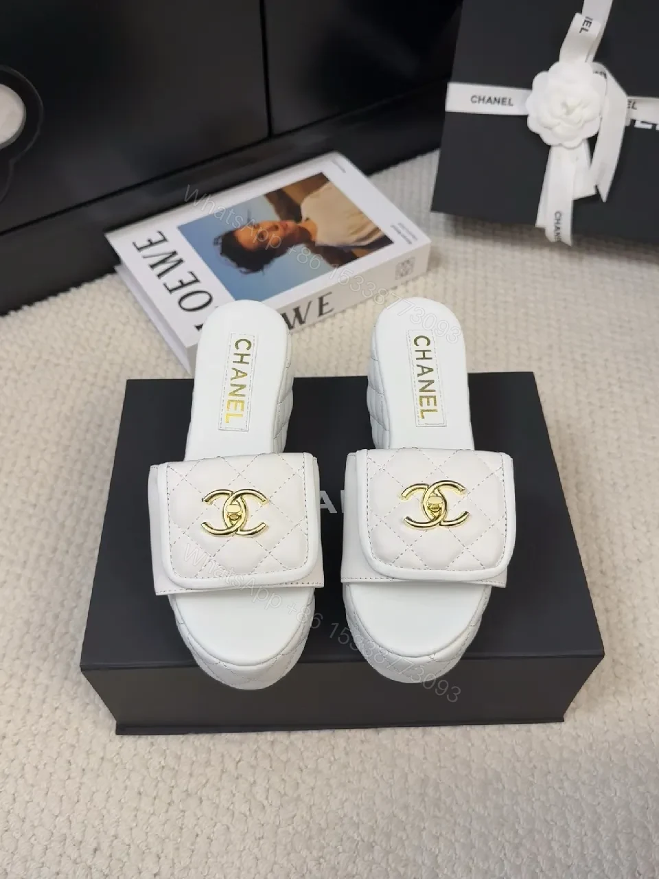 White Quilted Slide Sandals with Gold Logo, Luxury Comfort — view 1