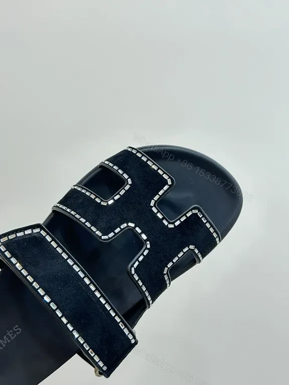 View 7 of Hermes-Inspired Black Slides with Geometric Stitch Detailing
