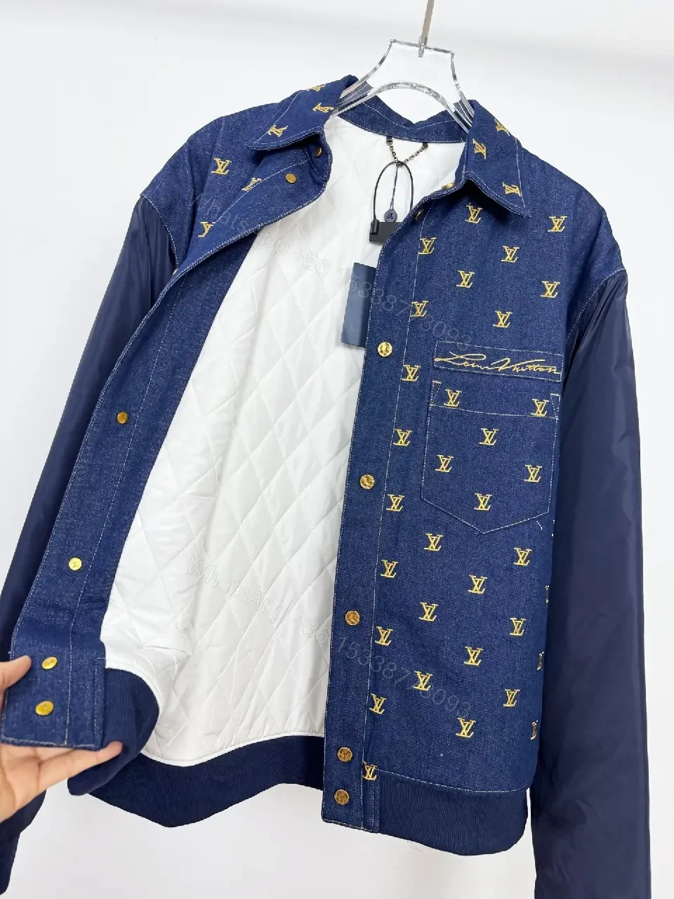 View 8 of Denim Bomber Jacket with Gold Monogram Detailing and Contrast Sleeves