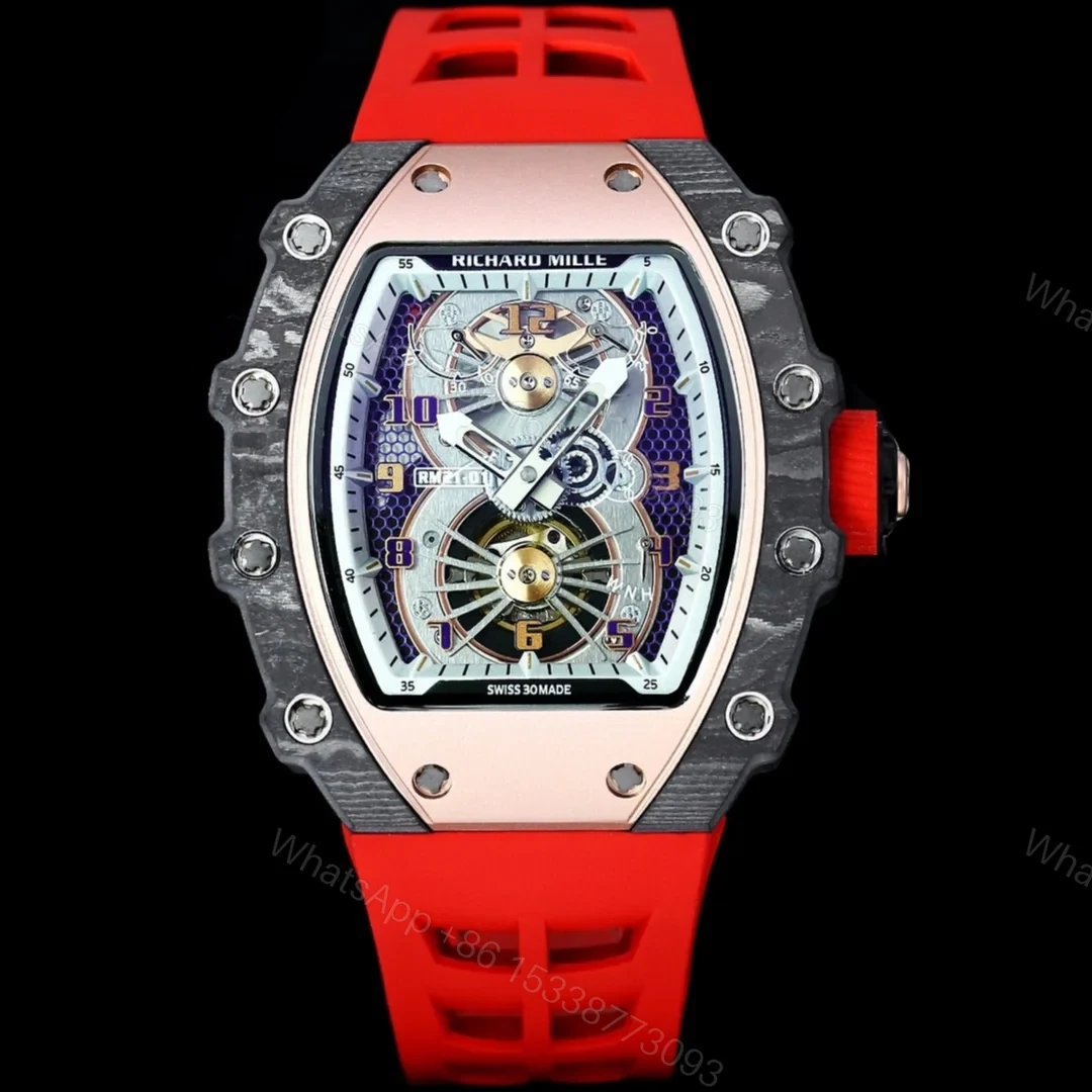 View 2 of Richard Mille RM21-01 Automatic Skeleton Watch 40MM Carbon Fiber Case Red Strap Aerospace Structure 20 Keyway Screws Premium Edition RM-RM21-01-CF-RED-SKL-40
