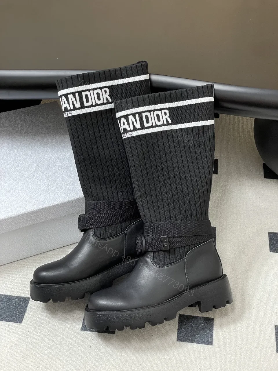 View 7 of Ribbed Knit Leather High-Top Boots: Luxe Streetwear Boldness
