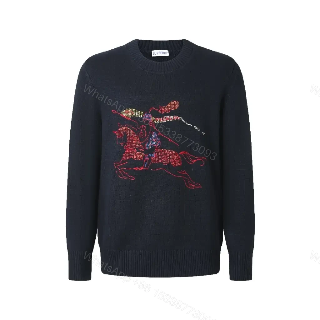 Navy Knit Knight Embroidery Crewneck Sweater — view 1