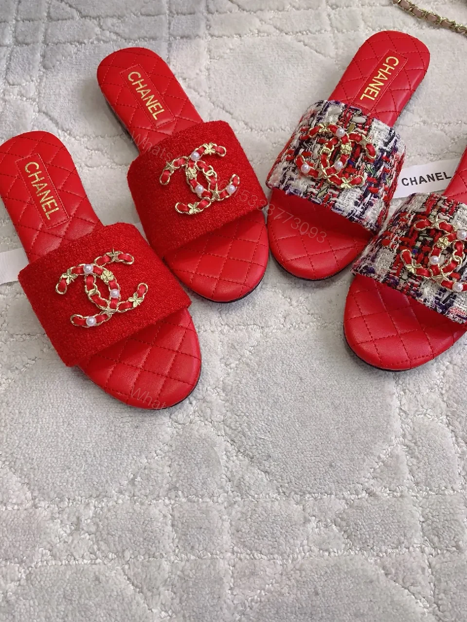 View 5 of Red Textured Slides with Logo Straps, Luxury Chic Slip-Ons