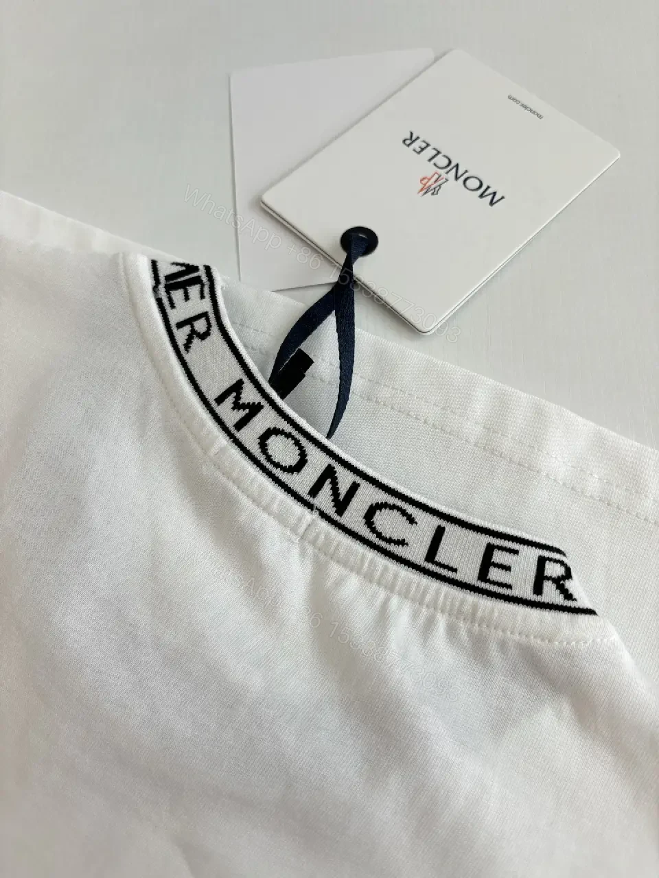 View 6 of White Cotton Tee Moncler Logo Crewneck Classic Streetwear Style Breathable Comfort T-Shirt
