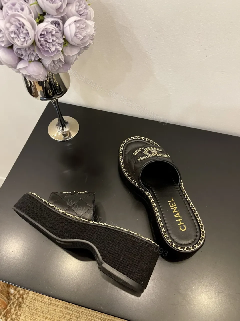 View 3 of Quilted Black Slides with Chain Trim - Couture Comfort Footwear