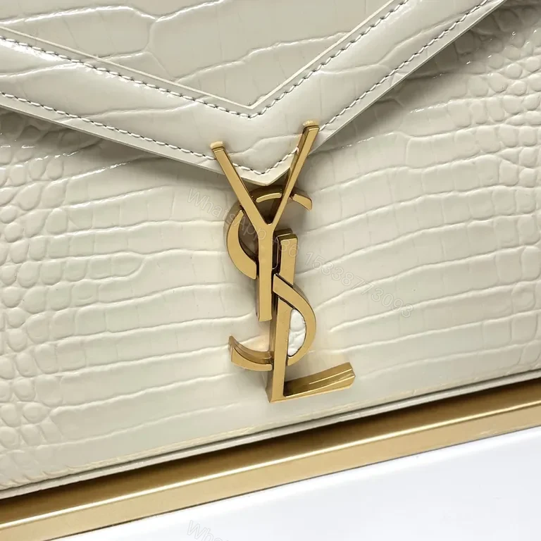 View 3 of Ivory Croc-Embossed Leather Bag with Gold YSL Logo, Structured Style