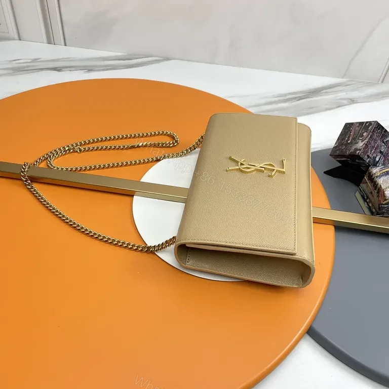 View 2 of Beige Leather Wallet-on-Chain with Gold YSL Logo