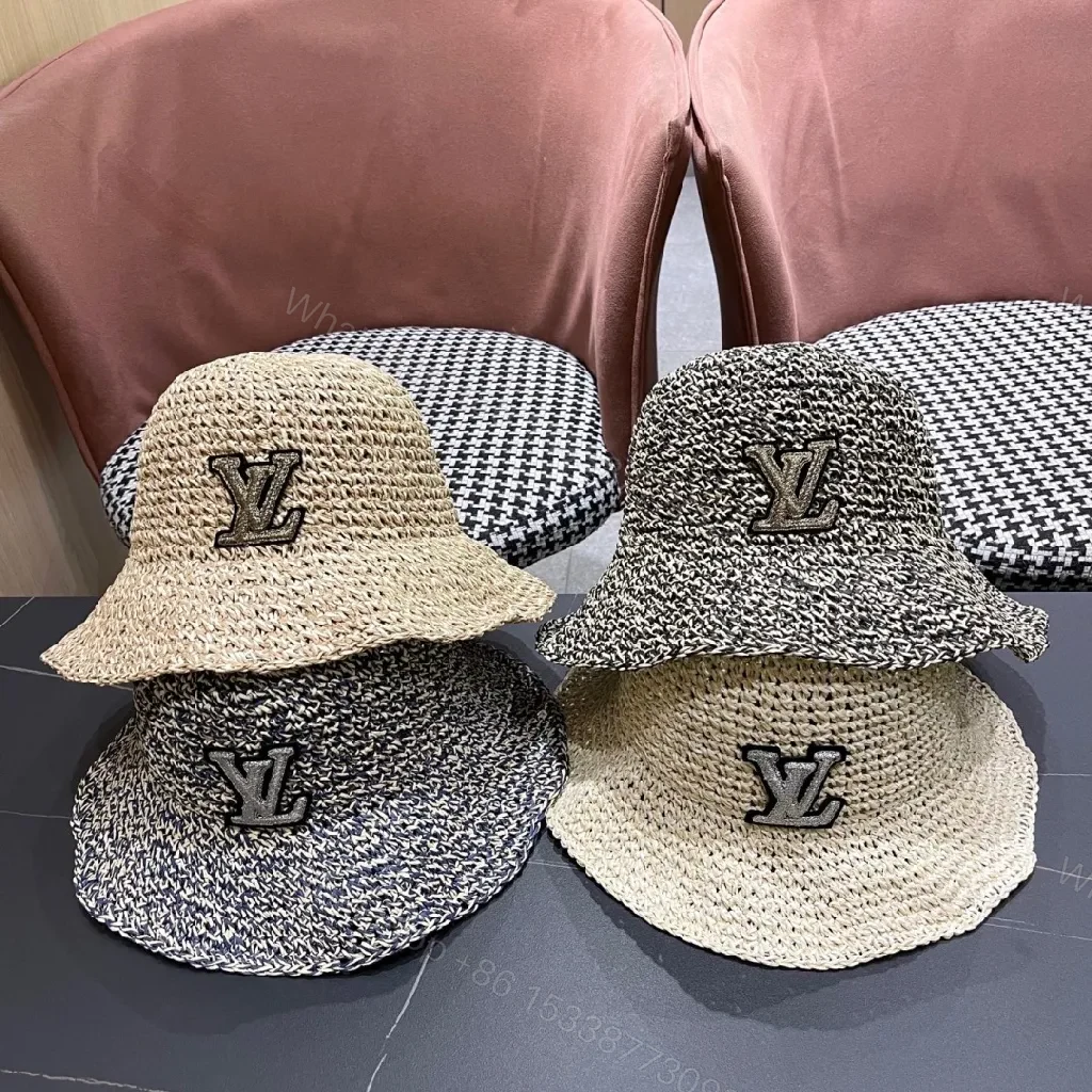 View 3 of Textured Straw-Blend Hat with LV Accent - Bucket Style