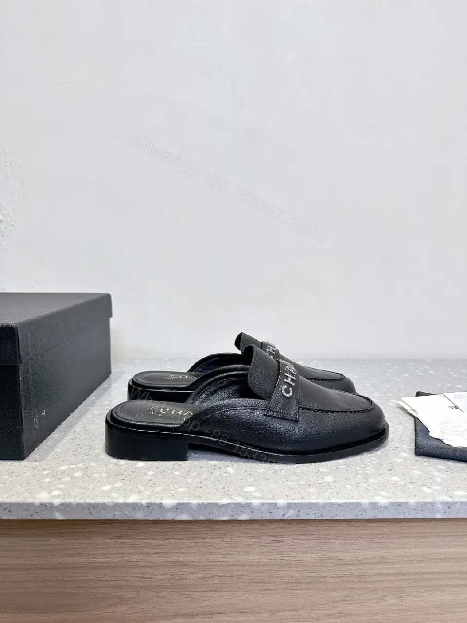 View 7 of Black Leather Slides - Chic, Designer-Inspired, Cushioned Comfort