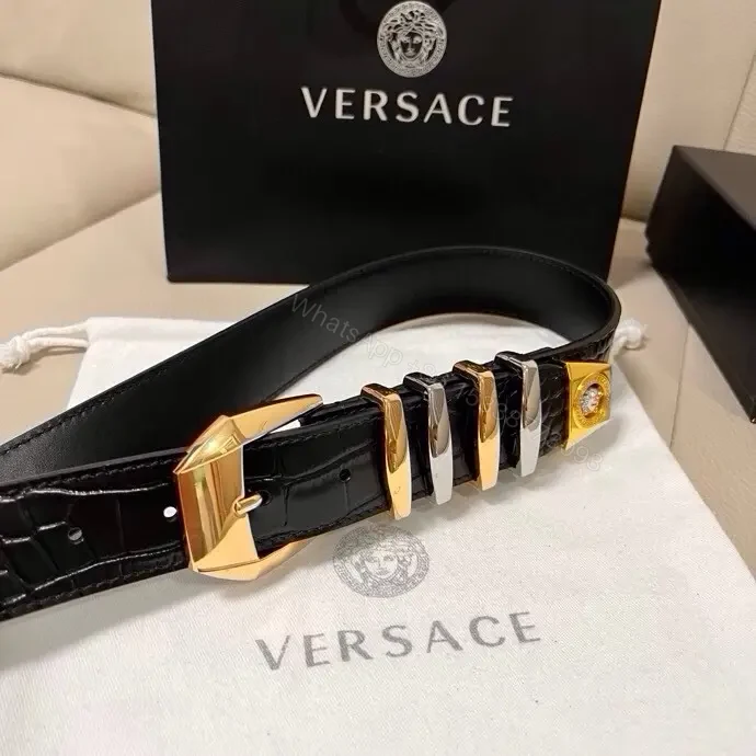 View 2 of Cognac Leather Belt with Gold Hardware and Croc Texture