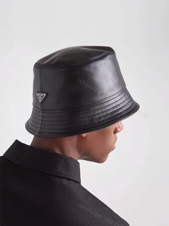 View 8 of Black Leather-Texture Bucket Hat with Prada-Inspired Logo
