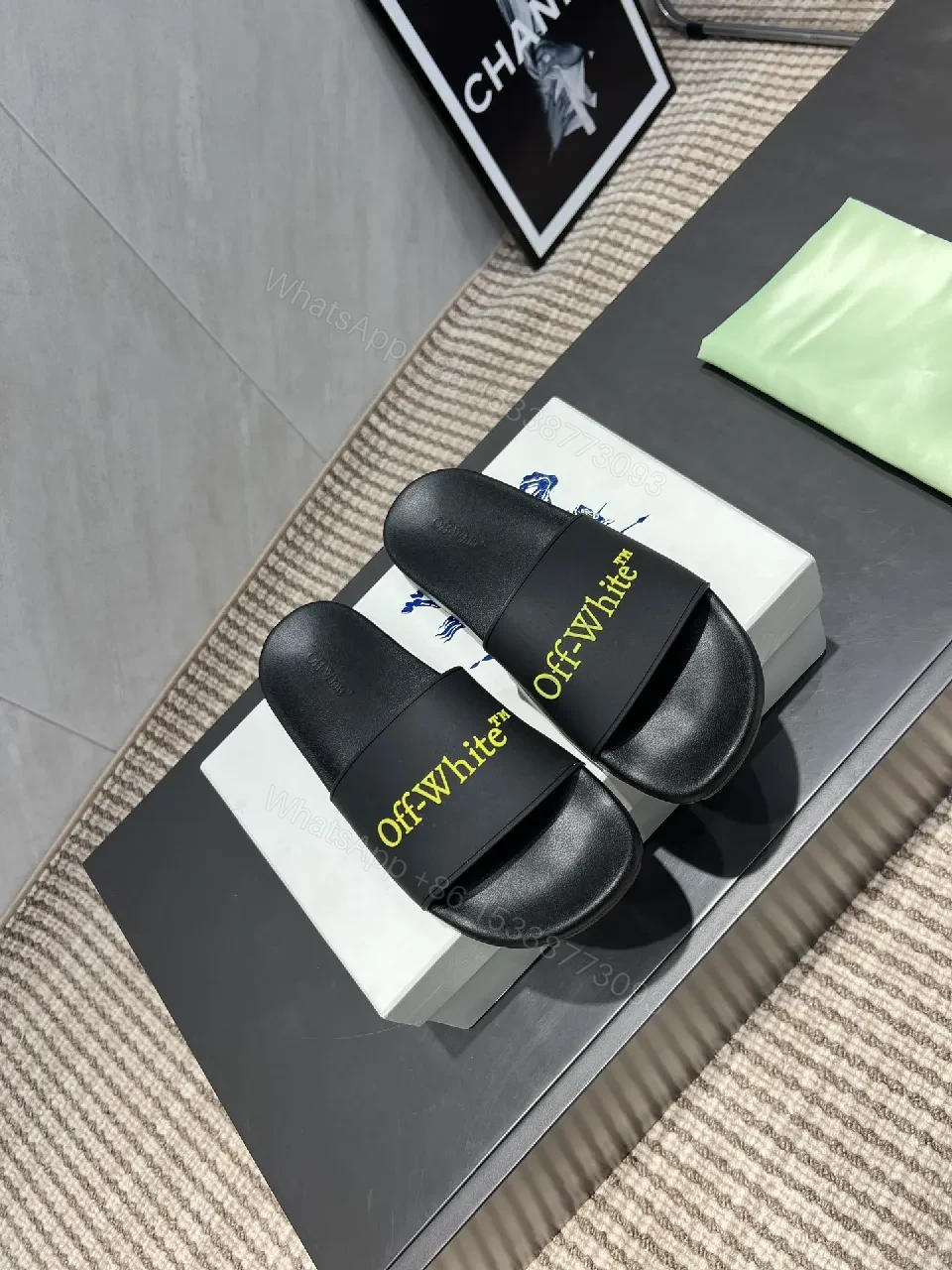 View 3 of Bold Minimalist Slides - Black EVA Comfort, Neon Branding