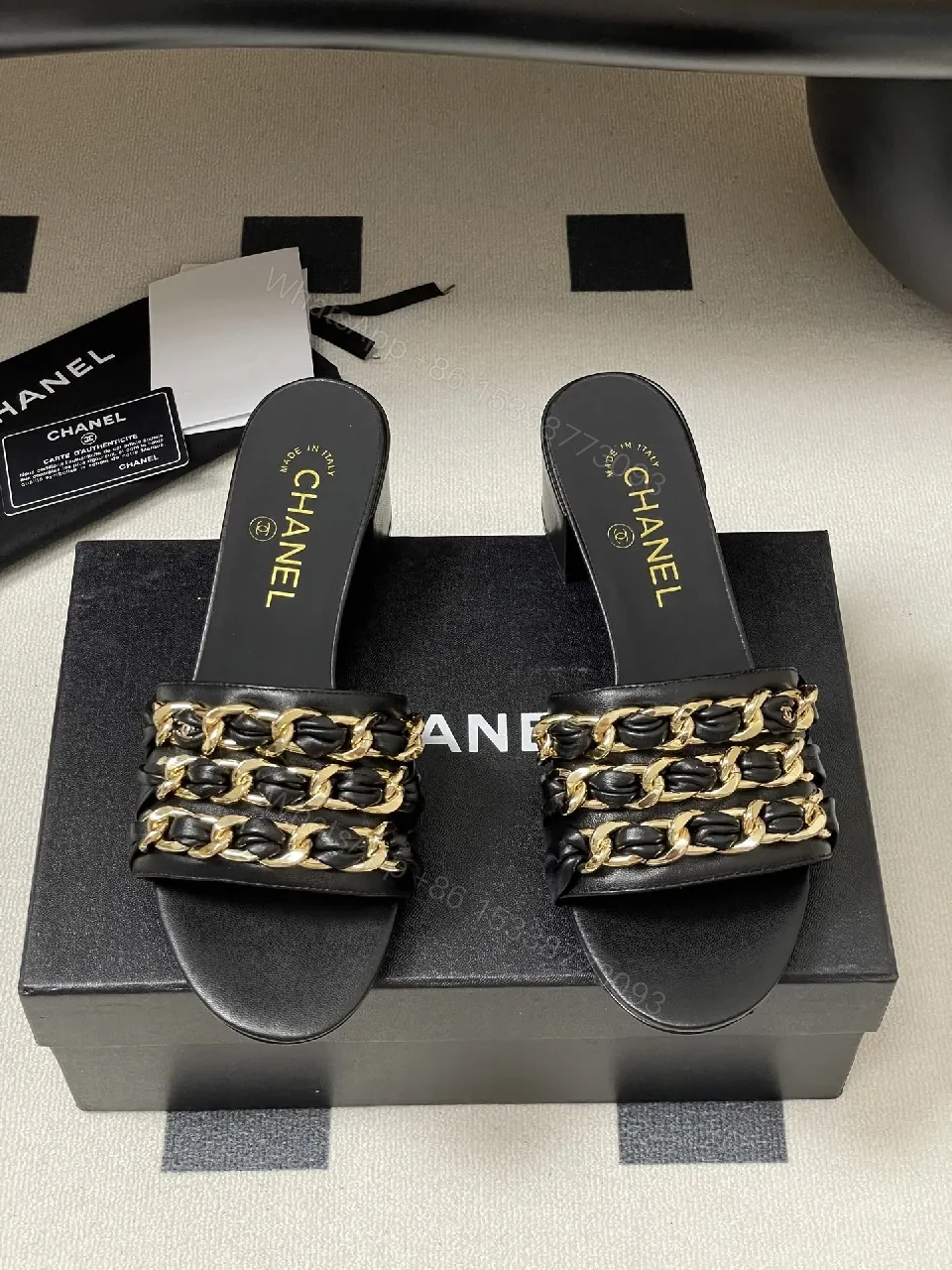 View 9 of Black Leather Slide Sandals with Gold Chain Detail: Luxe Everyday