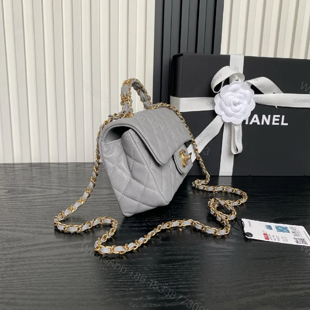 View 3 of Quilted Mini Flap Bag - Gold Chain, Grey Lambskin Leather