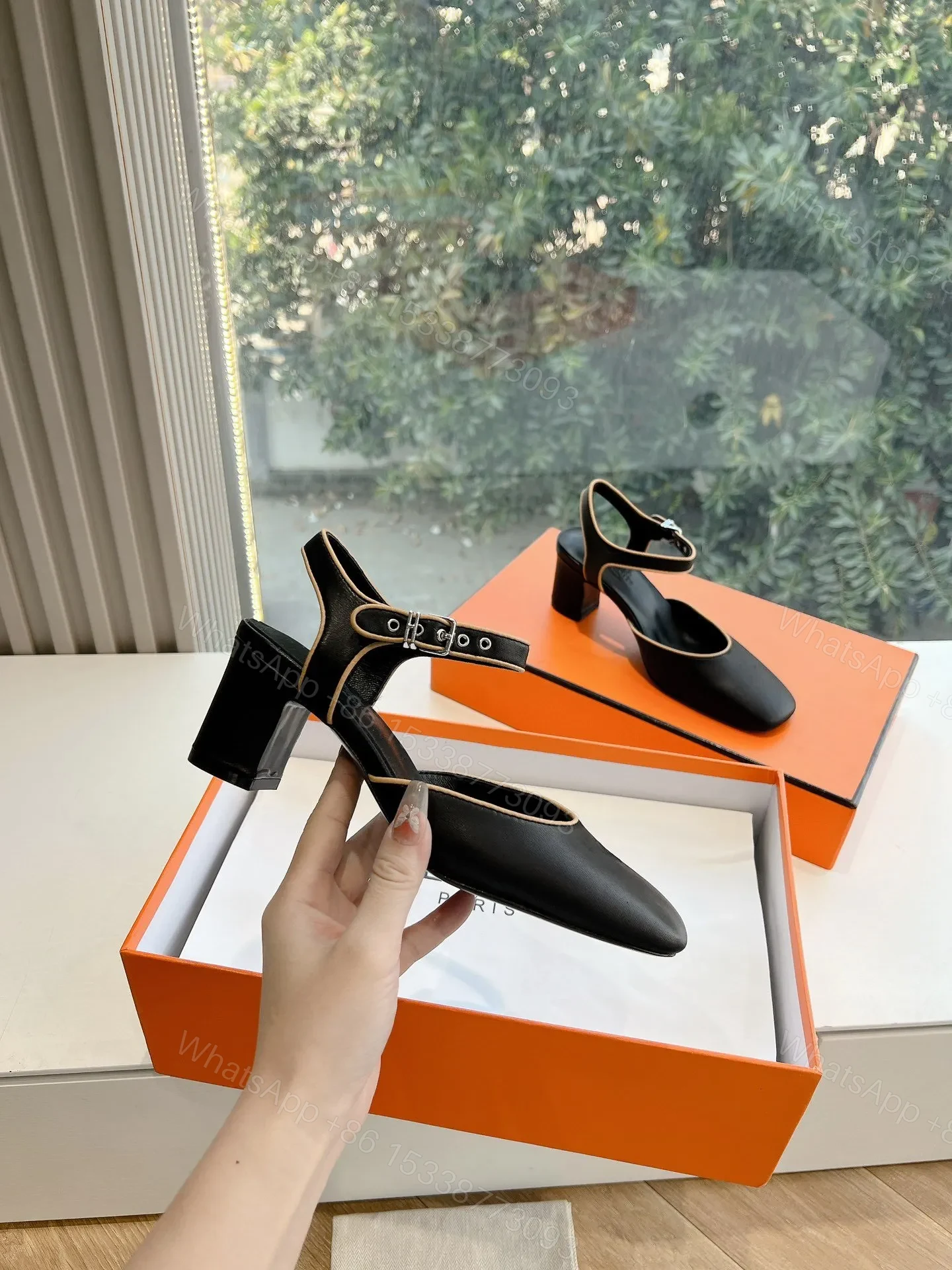 View 3 of Hermes Women Black Leather Trimmed Heels