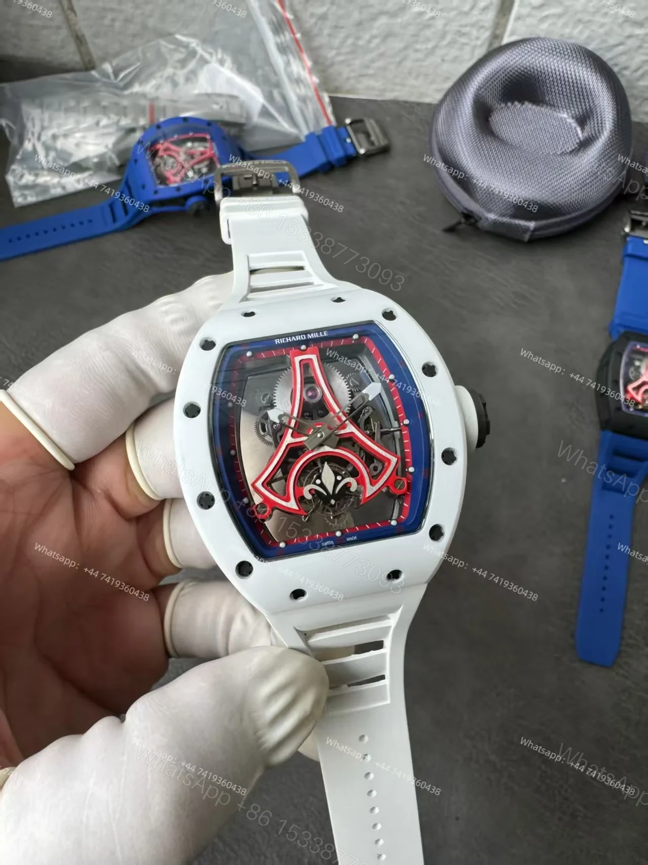 View 2 of Super Clone Richard Mille RM52-03 White Ceramic Paris Saint-Germain Skeleton Tourbillon 1:1 Replica Watch