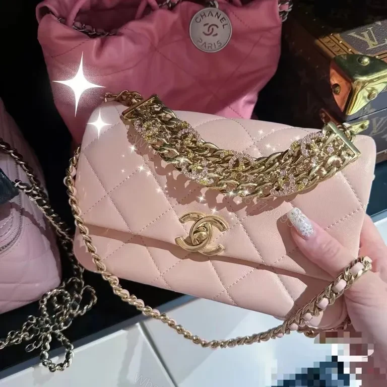 View 6 of Soft Rose Quilted Chain Bag with Gold Hardware