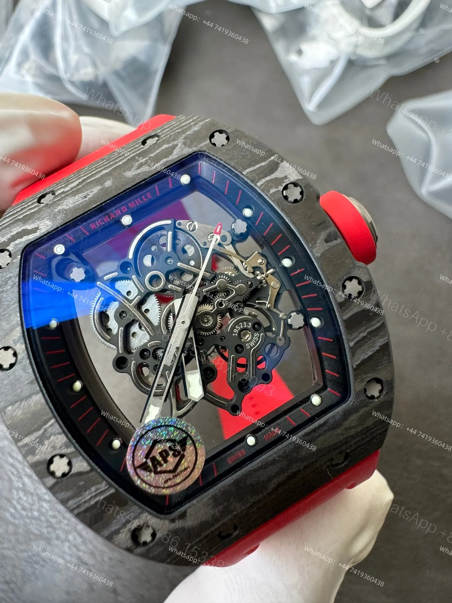 View 6 of Super Clone Richard Mille RM 055 Carbon TPT Red Rubber Strap 1:1 Replica Watch