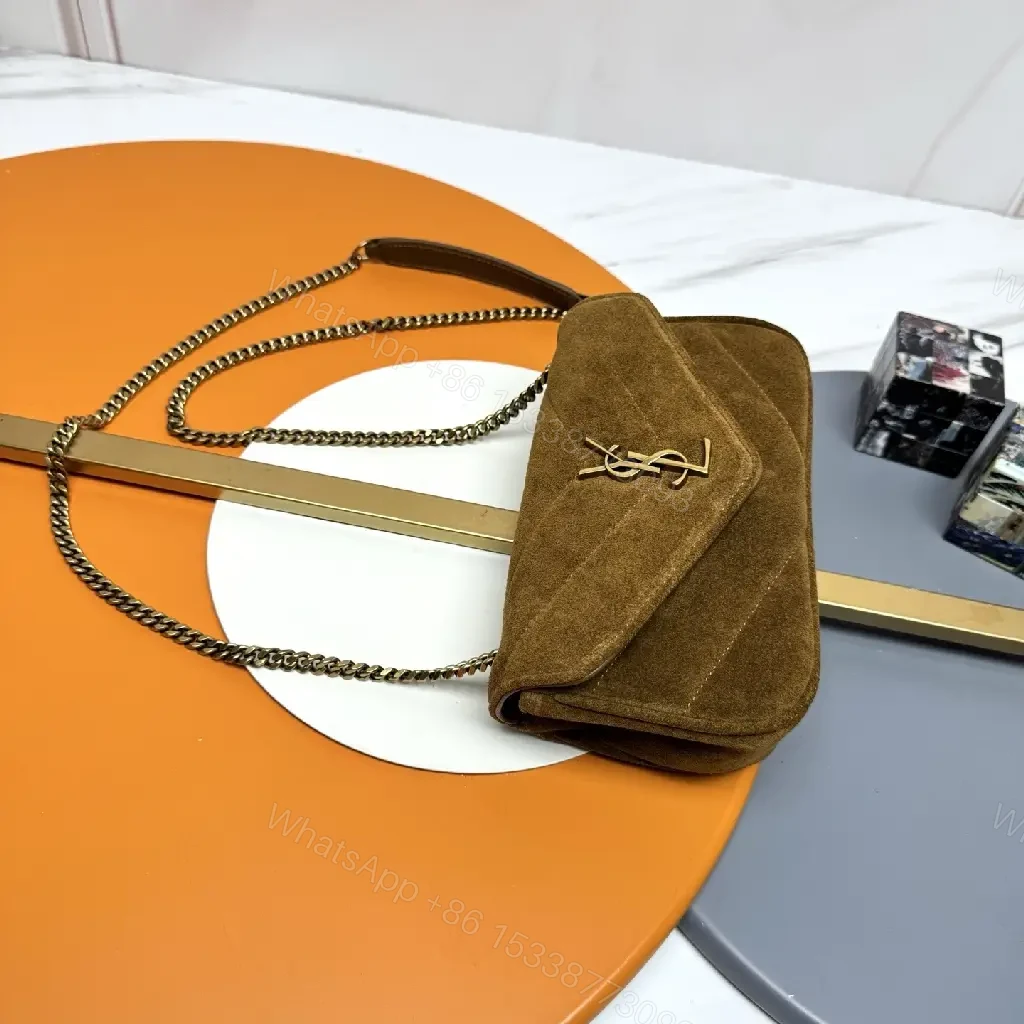 View 6 of Brown Suede Flap Bag with Chain Strap, Luxe Silhouette