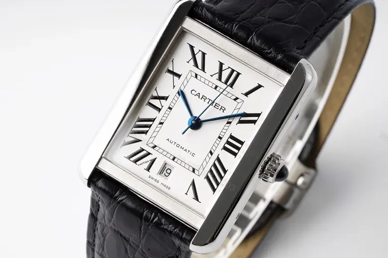 View 7 of V9 Factory Cartier Tank W5200028 Mechanical Watch – Silver Dial with Blue Hands, Black Leather Strap, Rectangular Style