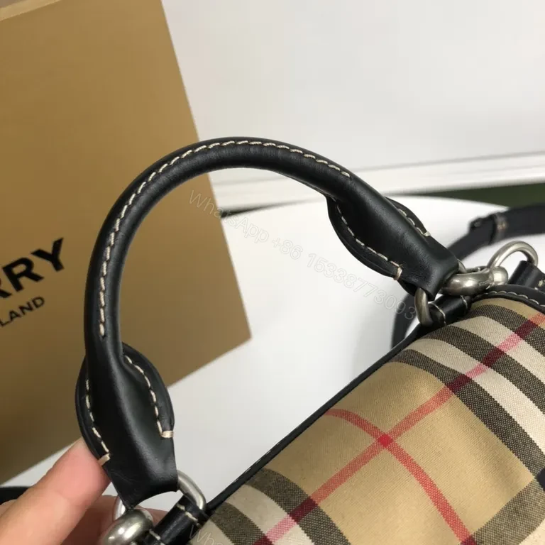 View 8 of Burberry-Inspired Plaid Compact Backpack with Leather Trim
