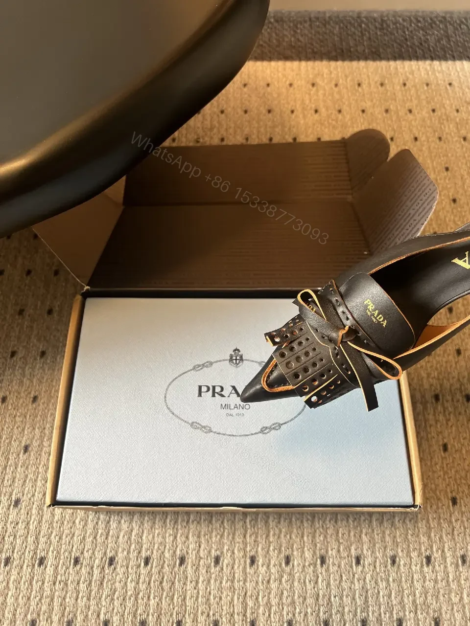 View 5 of Black Leather Prada Slingback Heels with Studded Front, Pointed Toe