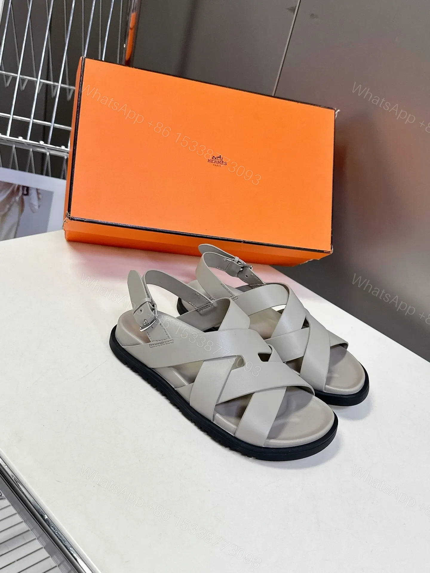 View 3 of Hermes Women Light Gray Leather Sandals