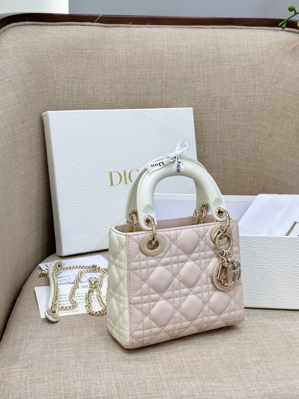 View 5 of Dior Lady Mini Handbag for Women Pink Cowhide Like Auth 18cm