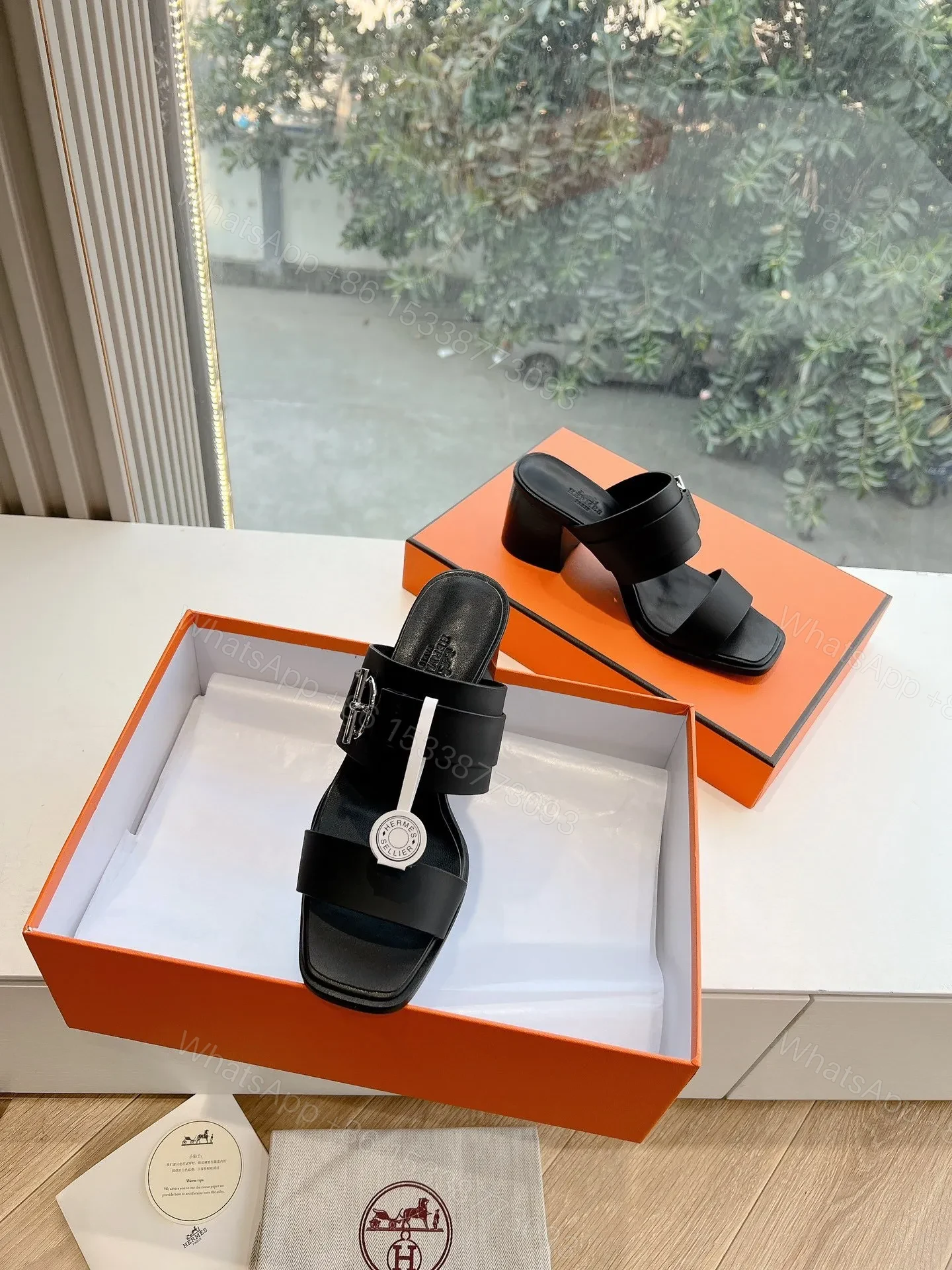 View 4 of Hermes Women Black Leather Buckle Mules