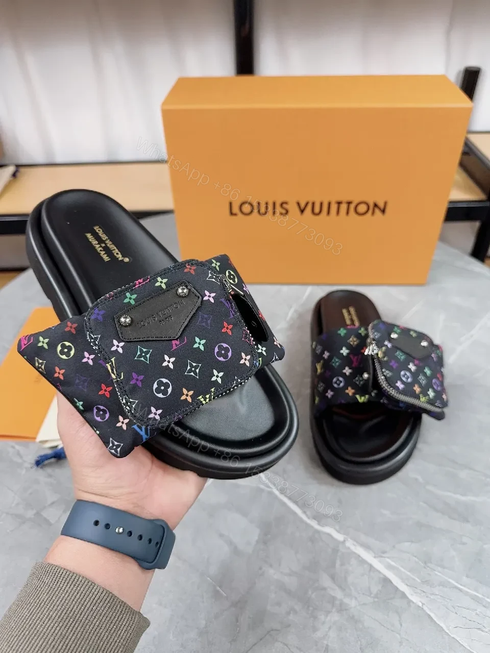 View 7 of Multicolor LV-Inspired Slide Sandals with Cushioned Footbed
