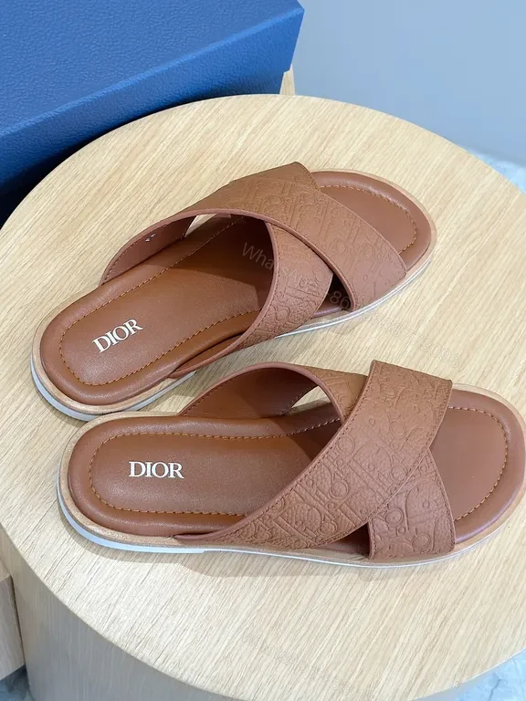 View 2 of Chic Leather Slide Sandals with Monogram Texture