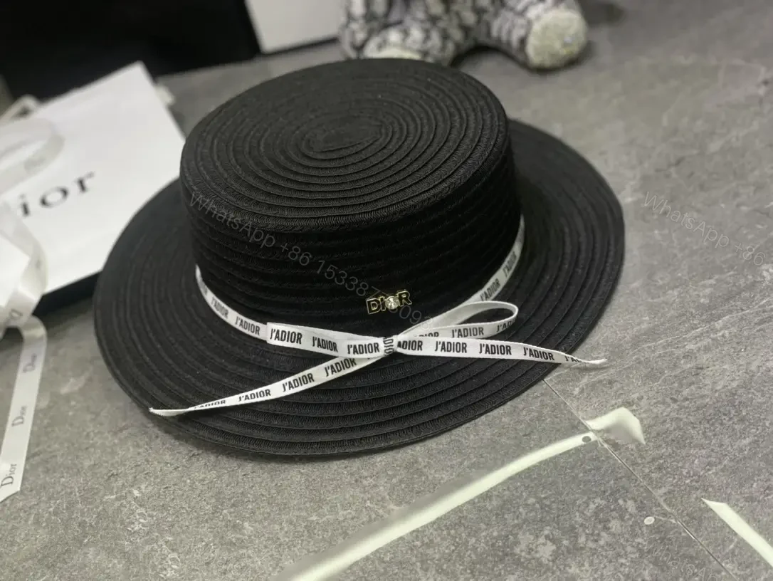 View 5 of Beige/Black Wide-Brim Straw Hat with L’ADIOR Ribbon, DIOR Emblem
