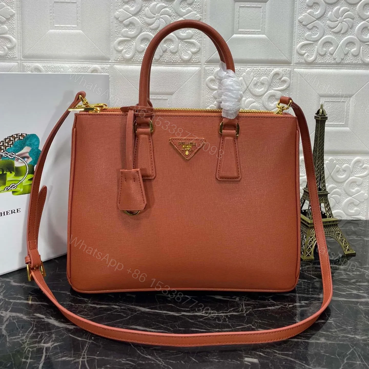 PRA GALLERIA 32 BAG IN BRONZE ORANGE SAFFIANO LEATHER — view 1